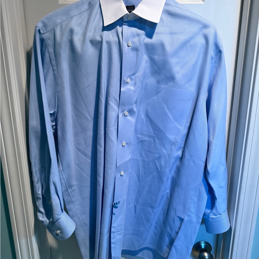 Ike Behar Check Button Up Shirt Blue 100% Cotton Men's 16 1/2 33” Made In USA
